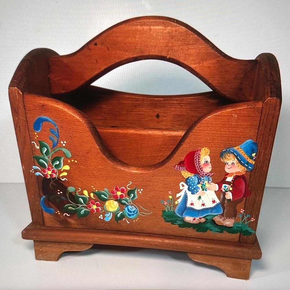 Folk Art Hand-Painted Wooden Carry Caddy with Children Motif - Picture 1 of 10